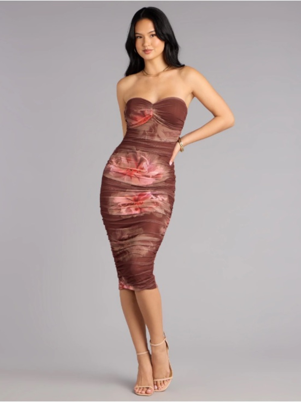 Windsor Strapless Brown Floral Ruched Bodycon Dress